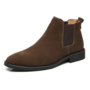 New Product Pointed Slip-on Winter Dress Shoes Pure Color Genuine Suede Leather Ankle Chelsea Boots for Men