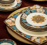 Service de table en porcelaine fine YanJun style Sèvres, vaisselle de luxe bleu et or à motifs floraux pour la maison, les dîners, les fêtes et les cadeaux