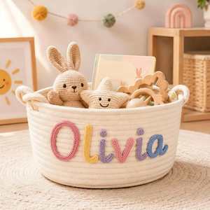 Cesta de Recuerdos Personalizada para Bebé, Cesta de Almacenamiento para Guardería con Nombre Personalizado, Hecha a Mano, Tejido de Cuerda de Algodón, Regalo para Baby Shower - Product Image 1