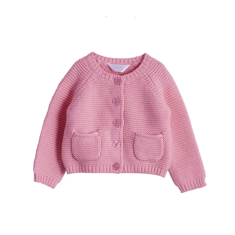 Solido 100% cotone neonato girocollo rosa Cardigan lavorato a maglia abbigliamento per bambini maglione cappotto