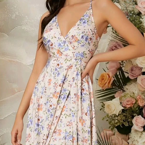 فستان صيفي طويل مفتوح من الأمام بتصميم بوهيمي فضفاض وعصري بطبعة زهور وياقة عميقة على شكل V للنساء، مع إمكانية إضافة شعار مخصص - Product Image 3