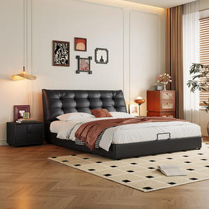 Italian Minimalist Black Waffle Leather <b>Bed</b> Solid Wood Frame Customizable High-end <b>Queen</b>/King <b>Size</b> Bedroom Storage <b>Bed</b> Huafuge E - Product Image 4
