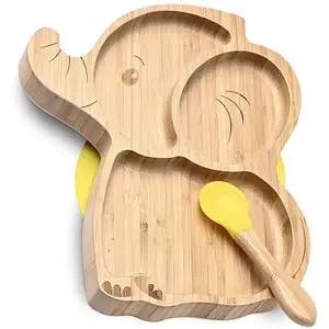 Plato de madera para bebé, plato de succión de bambú respetuoso con el medio ambiente, elefante de Bambú
