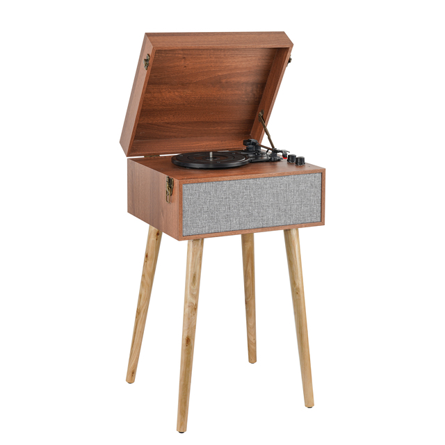 Vintage Wooden Gramophone Record Player with Legs 3 Speed Turntable Bluetooth USB SD Card AUX Input Home Audio System