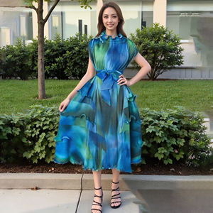 Abito personalizzato Miyake plissettato a trapezio per donne <span class=keywords><strong>taglie</strong></span> forti eleganti da sera Chic nuovo stile stampato Tie-Dye irregolare in Chiffon solido - Product Image 2