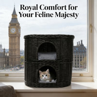 Tour de cachette pour chat à deux niveaux en osier noir élégant avec coussins moelleux pour la décoration de la maison et le confort des animaux de compagnie