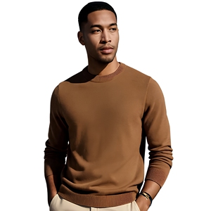 Custom OEM Men Crewneck Sweater Camel <b>Brown</b> Fine Gauge Knit Pullover Soft Cotton Casual Crew Neck - Product Image 1