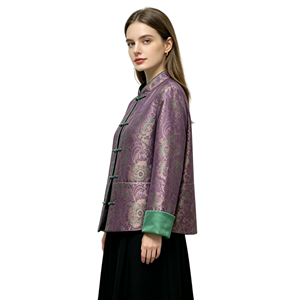 Chaqueta de Mujer Estilo Tang con Flores Moradas, Cuello Mandarín, Abrigo Tradicional Chino para Ceremonias y Actuaciones - Product Image 2