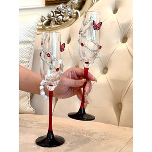 Verre à vin de mariage Sunset Rose Original, papillon serti de diamants, soufflé à la main, léger, moderne, pour flûtes, 1 pièce, 201-300 ml - Product Image 3