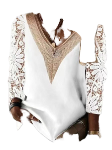 Blusas de Punto con Cuello en V y Encaje Floral, Casuales, Tallas Grandes, Manga Larga, para Mujer, Primavera-Otoño, Venta al Por Mayor - Product Image 1