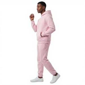 Ensemble de survêtement décontracté pour homme, sweat-shirt à capuche rose uni et pantalon de jogging à taille élastique avec logo sur le devant - Product Image 2