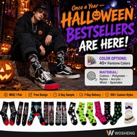 Chaussettes tricotées personnalisées OEM pour jeunes, best-seller d'Halloween, motif fantaisie effrayant citrouille, fantôme, crâne, unisexe, absorbant la transpiration