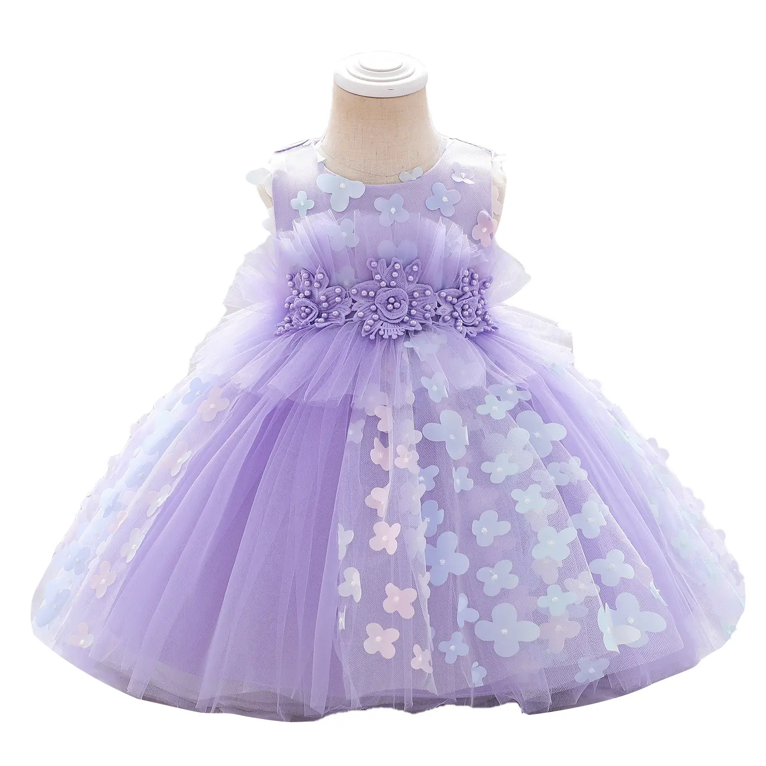 卸売女の赤ちゃんのガウンノースリーブ3D花アップリケプリンセスふくらんでいるチュチュドレスエレガントなドレス女の子の妖精のドレス