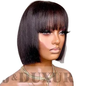 Wig rambut manusia pixie Brasil untuk wanita hitam rambut bob pendek dengan poni vendor rambut virgin 4*4 wig penutupan renda tidak ada wig renda