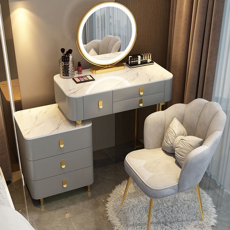 Gabinete de Mesa Oro Gris 80, Espejo, Silla Pétalo