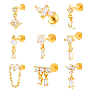 ต่างหูแฟชั่นแบบห้อยประดับเพชรไทเทเนียม ต่างหูแบบติดหลังแบน ชุบทอง ประดับ<span class=keywords><strong>เพชร</strong></span>ซิร์คอน เหมาะสำหรับเจาะหูแบบ Helix และ Labret ใช้ในงานแต่งงาน - Product Image 2
