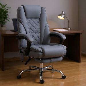 Chaise de bureau de direction grise avec repose-pieds chauffant et inclinable, pivotante, en tissu contemporain, base chromée - Product Image 2