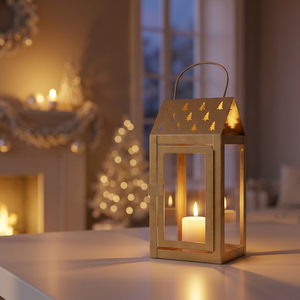 2026 Latest <b>Christmas</b> Collection <b>Gold</b> Metal Candle Lantern with <b>Tree</b> Cutouts for Home Decoration - Product Image 5