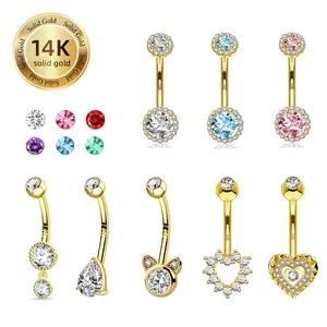 TOPOSH 14K Solid Gold Round Heart Zirconia Navel Ring Filigree Colorful Double Crystal Gem Belly Ring Piercing Jewelry