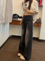 Celana Jeans Wanita Model Baggy Desain Khusus, Bahan Bernapas, Kaki Lebar, Anti Kusut, Warna Gelap, Ukuran Plus
