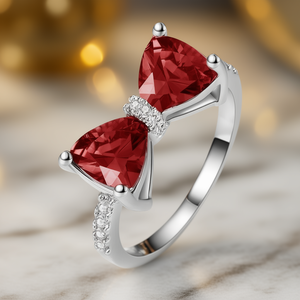 Bague cocktail mignonne avec nœud papillon pour femmes, argent 925 avec cristaux de strass en forme de triangle rouge, sertissage pavé, sertissage à griffes, bijou cadeau - Product Image 2