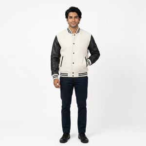 Custom Design <b>White</b> 100% Cotton Winter Baseball Letterman Varsity <b>Jackets</b> Stand Collar Front Logo Breathable for <b>Men</b> College - Product Image 1