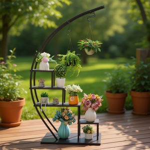 Support de plantes en fer et bois DB Artisasset à 5 niveaux en demi-cercle pour jardin, balcon, patio, décoration intérieure et extérieure - Product Image 2