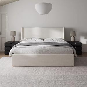 Кровать Wabi Sabi из льняной ткани и дерева, современная минималистичная, размера King Size, для главной спальни, с нейтральной обивкой, двуспальная. - Product Image 1