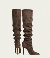 Bottes hautes marron pour femmes, à bout pointu, talon aiguille fin, en faux daim, chaussures de soirée tendance pour dames