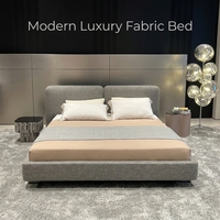 Lit plateforme moderne nordique minimaliste avec cadre rembourré en tissu, taille Queen, tête de lit séparée, en lin gris, idéal pour appartement