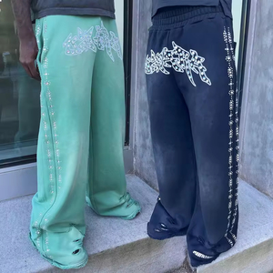 Custom Rhinestone Baggy Sweatpants Cotton Sun Faded Street Style Distressed <b>Track</b> Sweat <b>Pants</b> - Product Image 1