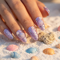 Ongles à presser personnalisés en forme d'amande, 30 pièces, avec fleurs 3D, coquillages et perles, en PMMA, longue durée, avec colle