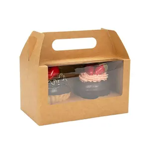 Diseño personalizado Cupcakes Brown Kraft Paper Packaging Box Muffin Gable Box con ventana transparente