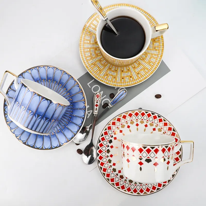 Shardon High-Quality Ceramic Coffee Milk Tea Cups Set with Classic Luxury Golden Decal Design