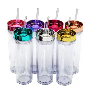 16oz clear Double Wall Plastic Classic acrylic Travel Tumblers for Hot and Cold Drinks Reusable Cups with Straws Unique lid
