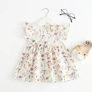 Boutique Baby Meisjes Kleding Zomer Ruche Mouw Bloemen Gedrukt Nestje Meisjes Jurk