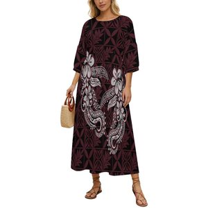 Robe longue décontractée ample à col rond et manches bouffantes pour <span class=keywords><strong>femme</strong></span>, imprimé <span class=keywords><strong>tatouage</strong></span> tribal polynésien <span class=keywords><strong>rose</strong></span> et blanc, collection en promotion - Product Image 5