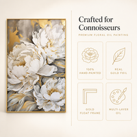 Peinture murale sur toile de pivoine florale en or blanc opulent, idéale pour l'entrée, le salon ou la décoration d'hôtel de luxe