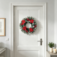 Karangan Bunga Natal Buatan 38cm dengan Poinsettia Merah & Hiasan Buah Berry, Cabang Pinus, Dekorasi Gantung Pintu & Dinding untuk Liburan