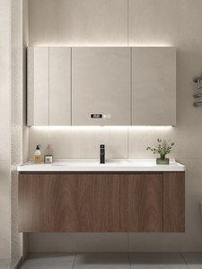 New bathroom cabinet walnut ceramic basin solid wood side storage wash basin <b>mirror</b> cabinet - Product Image 1