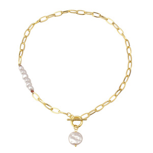 Collier chaîne vintage européen-américain en métal irrégulier avec boucle OT, perle blanche, chaîne de pull haut de gamme, alliage de zinc géométrique - Product Image 5