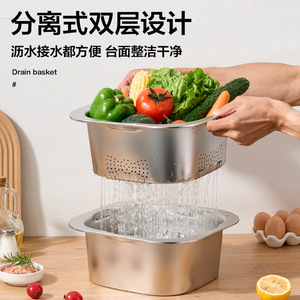 Stainless Steel Drain Basket <b>Vegetable</b> Washing Basin Stackable Storage Container Multi Function Fruit And <b>Vegetable</b> Tools - Product Image 4