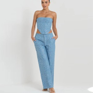 Nuova primavera ed estate nuova vendita calda europa e gli stati uniti moda Denim con paillettes spalancate petto pantaloni larghi - Product Image 1