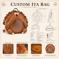 Sac Ita personnalisé mignon en forme de dinde de Thanksgiving, sac à main Kawaii avec grande fenêtre transparente, breloque feuille d'érable, cadeau d'automne