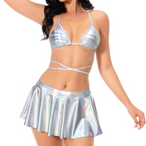 Maillot de bain 3 pièces <span class=keywords><strong>femme</strong></span> Metallic <span class=keywords><strong>Disco</strong></span> Outfit Bikini Set Halloween Sequin Tassel Jupe Bestdance - Product Image 1