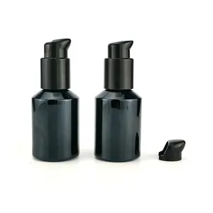 Frasco de vidro preto brilhante frasco de vidro cosmético de 60 ml frasco de creme de 2 onças com bomba de plástico preta bomba de mola externa