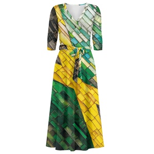 Hermosos vestidos de diseño jamaicano para damas Casual A-Line Slim Fit cuello en V 3/4 manga lazo cintura cinturón vestido vestidos de fiesta para mujeres - Product Image 5