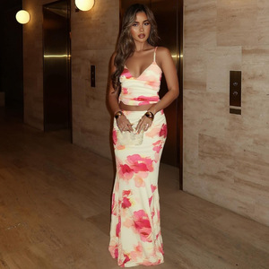 Wholesale Summer Set: Printed V-Neck Spaghetti Strap Tank Top &amp; Slimming, Hip-Hugging Skirt Ideal for <strong>Vacations</strong> and Beachwear - Product Image 1