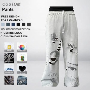 Maßgefertigte Bedruckte Distressed-Hosen mit Kordelzug, Bequeme Weite <span class=keywords><strong>Sweatpants</strong></span>, Stark Handverarbeitete Weitbeinige Jogginghosen für Herren - Product Image 1