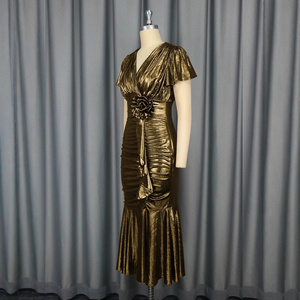 Robe de soirée élégante dorée mi-mollet à col en V, froncée, à manches courtes, ornée de fleurs, taille empire, idéale pour l'été et les fêtes - Product Image 3